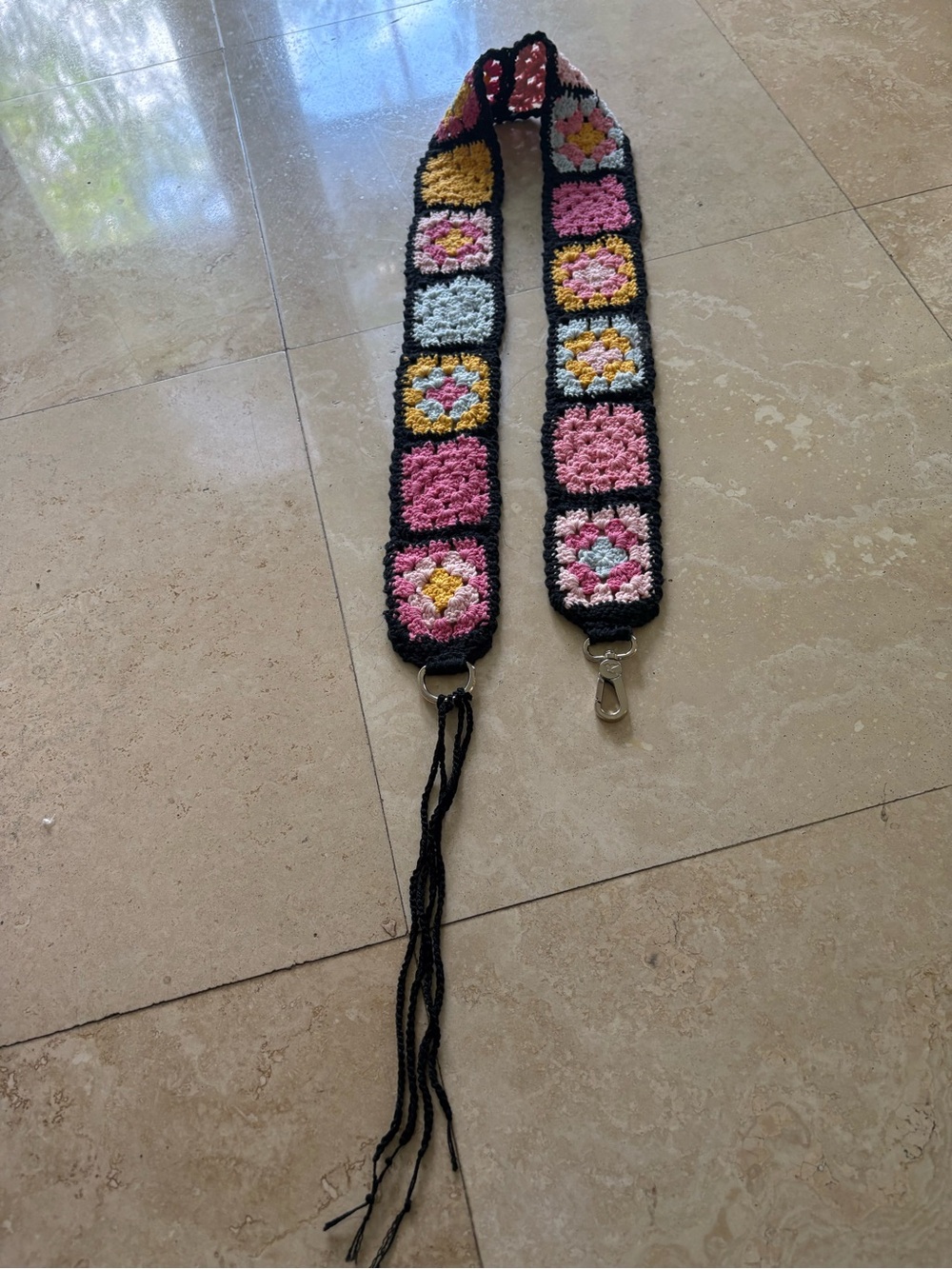 Handmade Crochet Floral Camera or Bag Strap - Black with Pink, Yellow & White